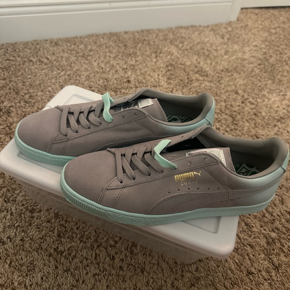 Puma Suede Gray and Mint Sneakers